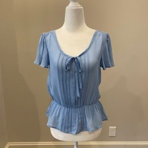Robyn’s egg blue silk flutter sleeve blouse